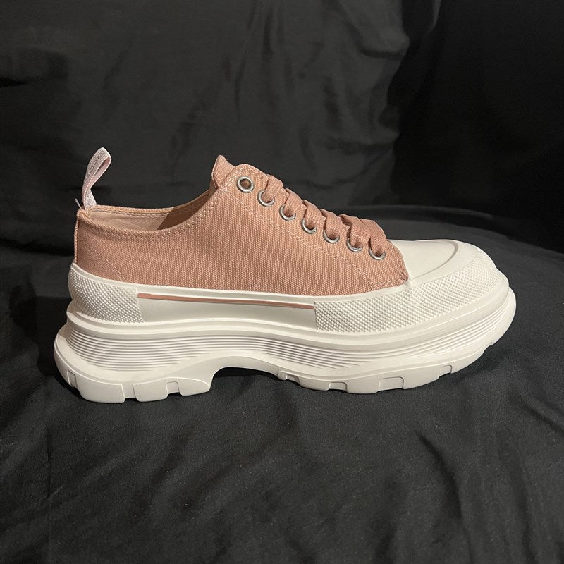 Women's Platform Canvas Sneakers - Low-Top Lace-Up - Chunky Rubber Sole - Casual Wear