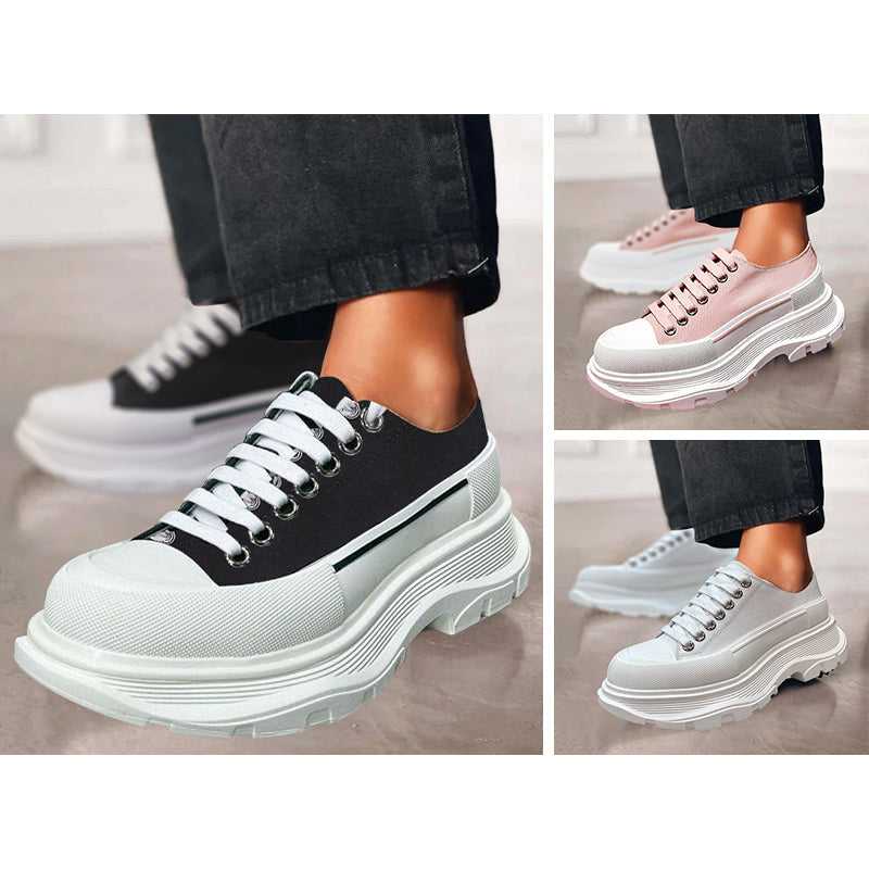 Women's Platform Canvas Sneakers - Low-Top Lace-Up - Chunky Rubber Sole - Casual Wear