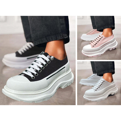 Women's Platform Canvas Sneakers - Low-Top Lace-Up - Chunky Rubber Sole - Casual Wear