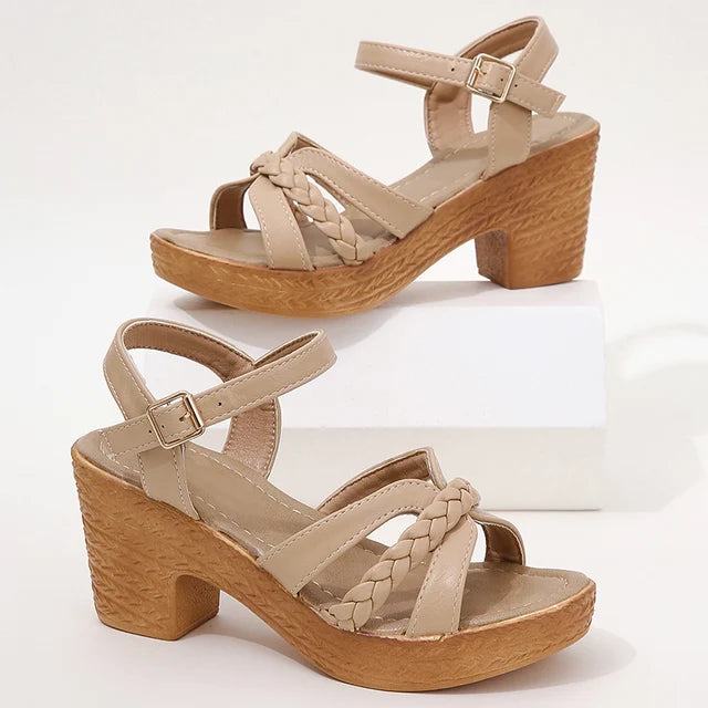 Women's Heeled Sandals - Block Heel - Braided Cross Straps - Adjustable Ankle Strap