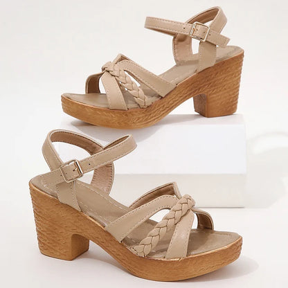 Women's Heeled Sandals - Block Heel - Braided Cross Straps - Adjustable Ankle Strap