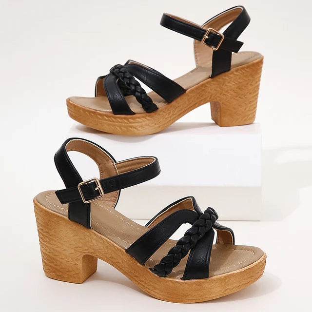 Women's Heeled Sandals - Block Heel - Braided Cross Straps - Adjustable Ankle Strap