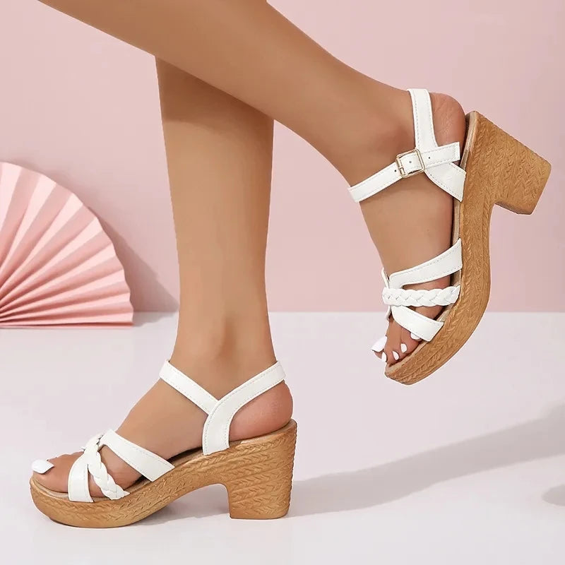 Women's Heeled Sandals - Block Heel - Braided Cross Straps - Adjustable Ankle Strap