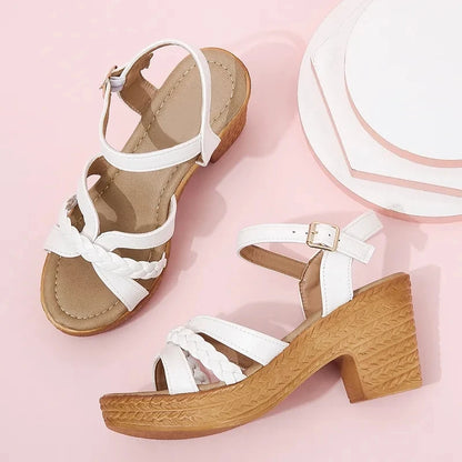 Women's Heeled Sandals - Block Heel - Braided Cross Straps - Adjustable Ankle Strap