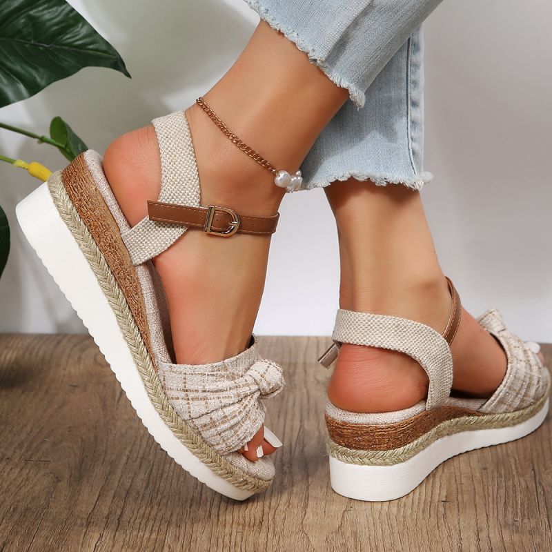 Women's Wedge Sandals - Open Toe - Knotted Front - Adjustable Ankle Strap - Espadrille Style