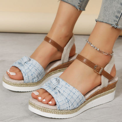 Women's Wedge Sandals - Open Toe - Knotted Front - Adjustable Ankle Strap - Espadrille Style