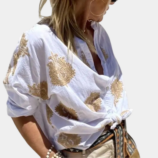 Embroidered Relaxed Fit Button-Up Blouse