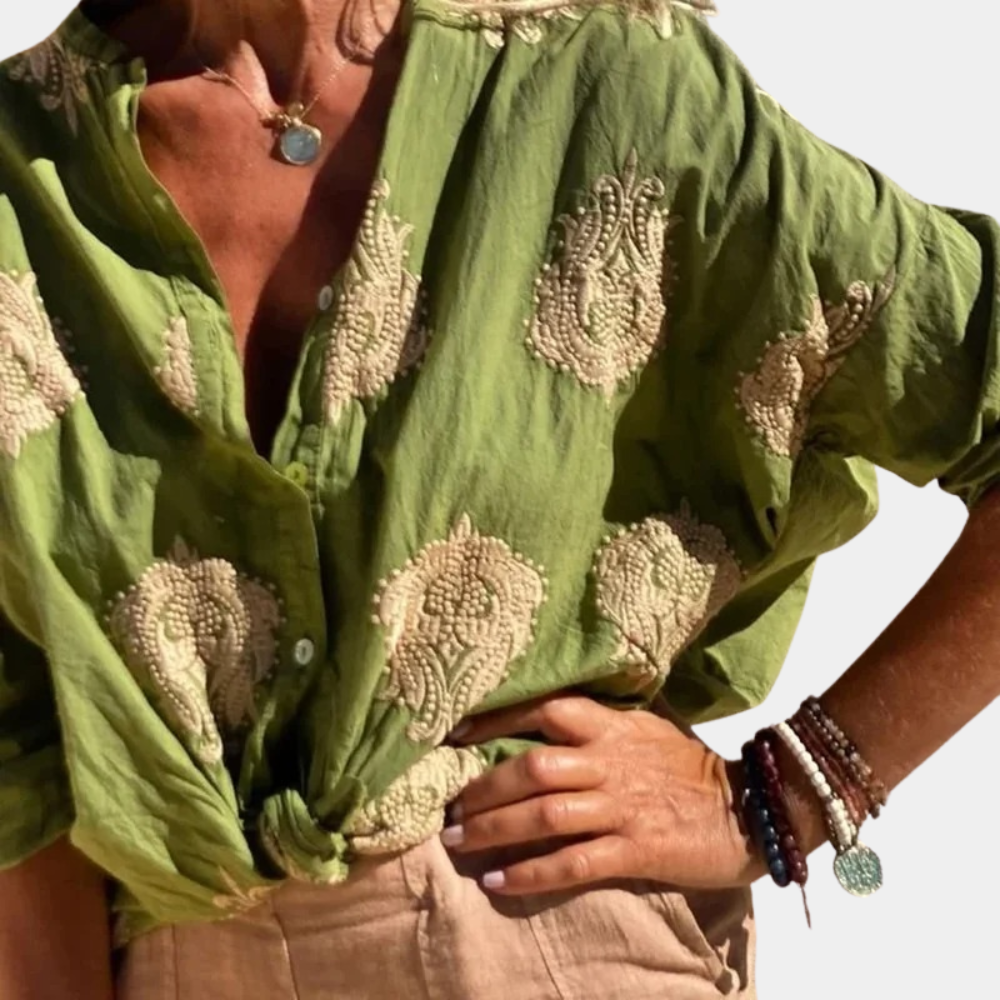 Embroidered Relaxed Fit Button-Up Blouse