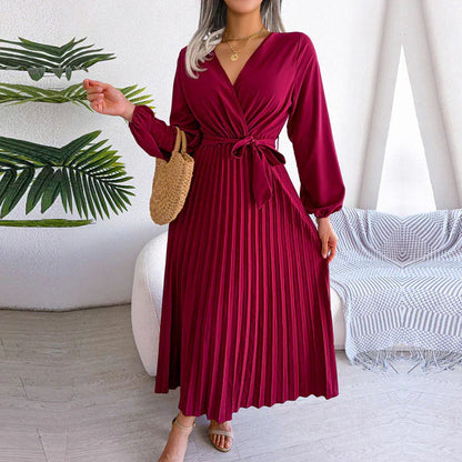 Pleated Elegant V-Neck Maxi Dress with Flared Hem for Summer Wear