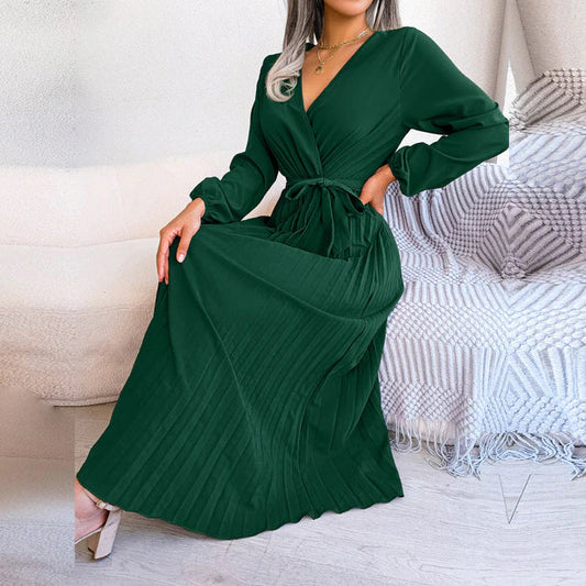 Elegant Pleated V-Neck Flared Hem Maxi Dress