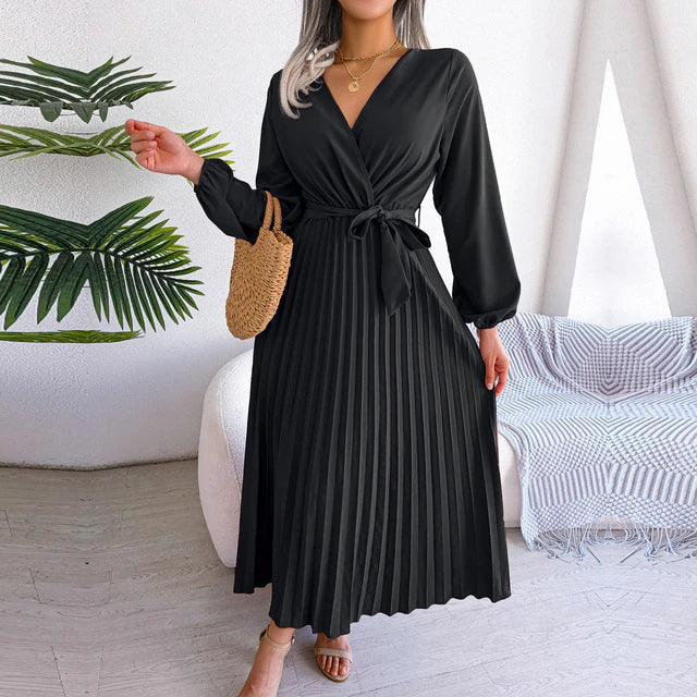 Pleated Elegant V-Neck Maxi Dress with Flared Hem for Summer Wear