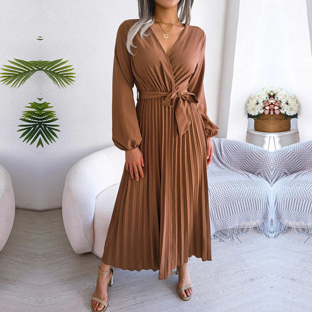 Elegant Pleated V-Neck Flared Hem Maxi Dress
