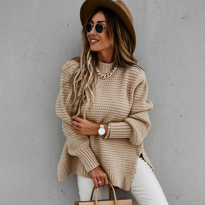 Women's loose fit half-high collar knitted sweater