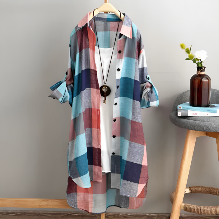 Women's Long Checkered Shirt - Button Down - Loose Fit - Lightweight Casual Tunic