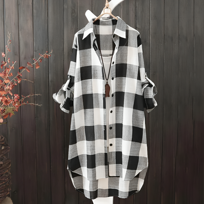 Women's Long Checkered Shirt - Button Down - Loose Fit - Lightweight Casual Tunic