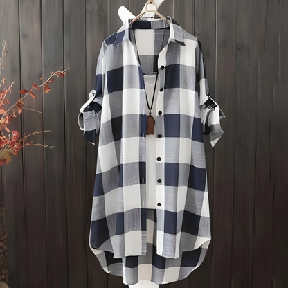 Women's Long Checkered Shirt - Button Down - Loose Fit - Lightweight Casual Tunic