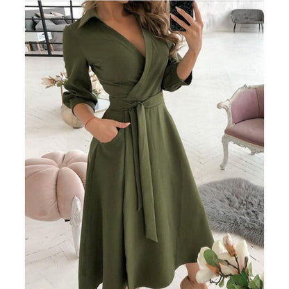 Women’s Wrap Dress - V-Neck - Fitted Waist with Tie - A-Line Silhouette - 3/4 Sleeve