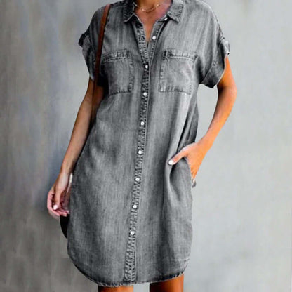 Women's Shirtdress - Denim Button-Down - Relaxed Fit - Short Sleeve Knee-Length