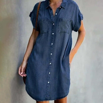 Women's Shirtdress - Denim Button-Down - Relaxed Fit - Short Sleeve Knee-Length
