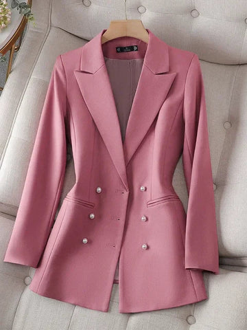 Women's elegant long blazer with pearl closure