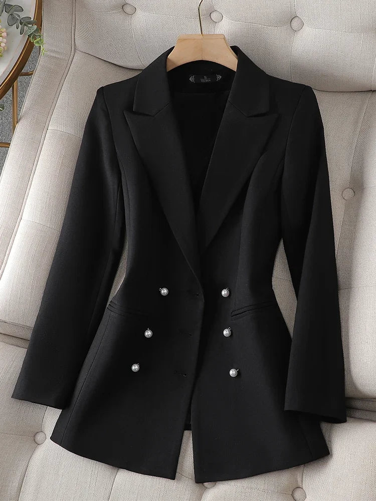 Women's elegant long blazer with pearl closure