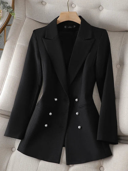 Women's elegant long blazer with pearl closure