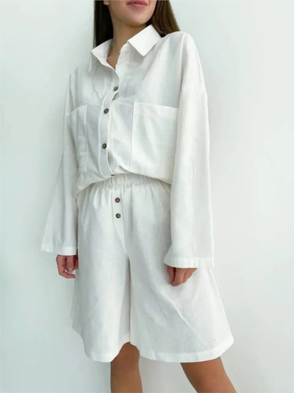 Women's Linen Matching Set - Oversized Button-Down Shirt & High-Waist Shorts - Breathable