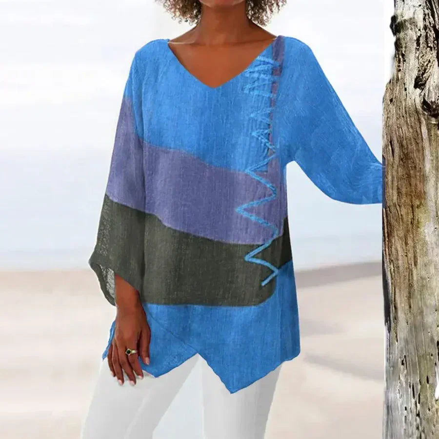 Women’s Blouse – Relaxed Fit – V-Neck – 3/4 Sleeve – Breathable Blend – Asymmetrical Hem