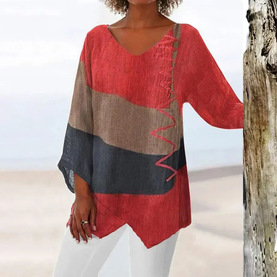 Women’s Blouse – Relaxed Fit – V-Neck – 3/4 Sleeve – Breathable Blend – Asymmetrical Hem