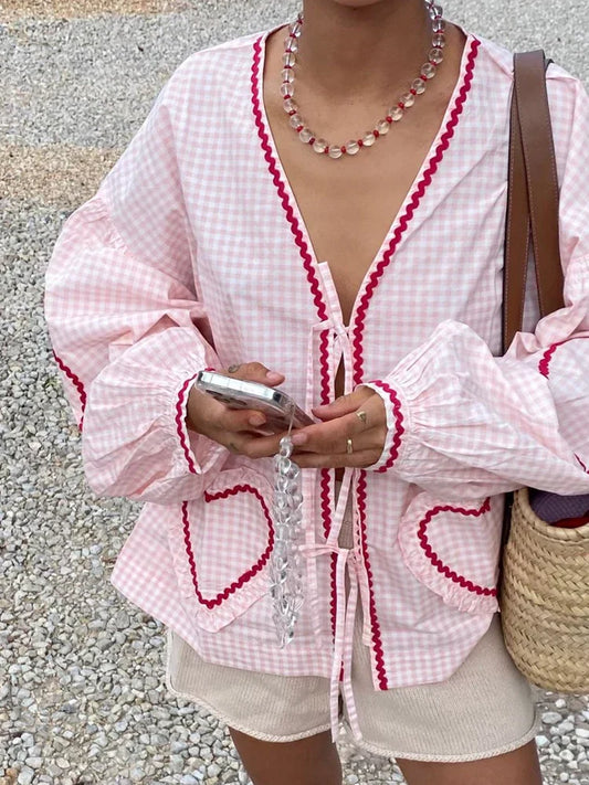 Scalloped Trim Puff Sleeve Checkered Blouse