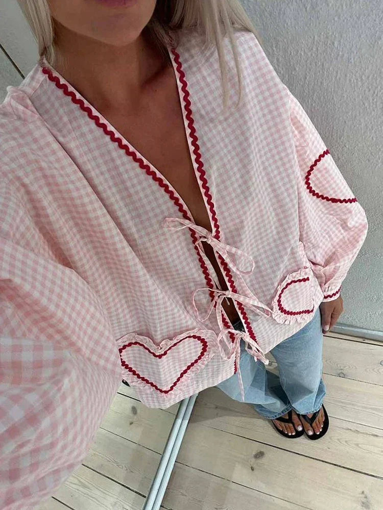 Women's Blouse - V-Neck Tie Closure - Long Puff Sleeves - Checkered with Scalloped Trim