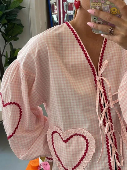 Women's Blouse - V-Neck Tie Closure - Long Puff Sleeves - Checkered with Scalloped Trim