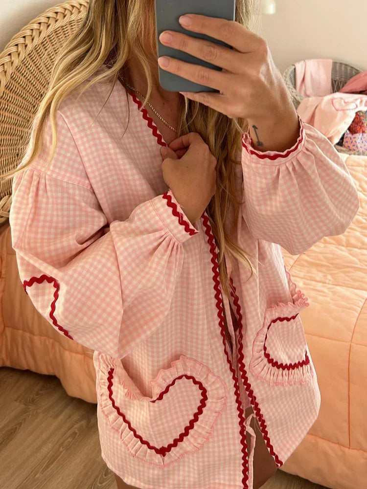 Women's Blouse - V-Neck Tie Closure - Long Puff Sleeves - Checkered with Scalloped Trim
