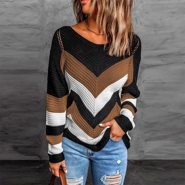 Color Block Knit V-Neck Sweater