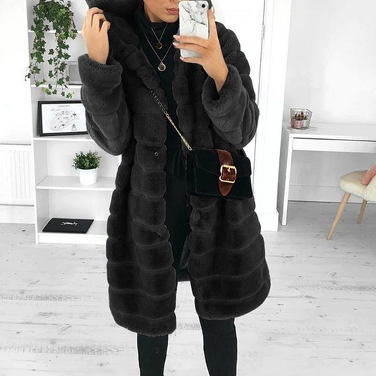 Plush Hooded Midi Length Coat
