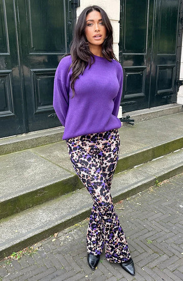 Purple leopard print flared pants for women