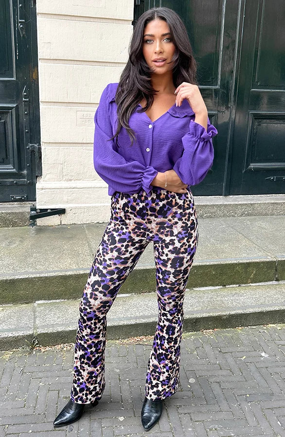 Purple leopard print flared pants for women