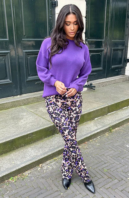 Purple leopard print flared pants for women