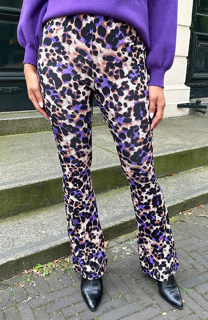 Purple leopard print flared pants for women