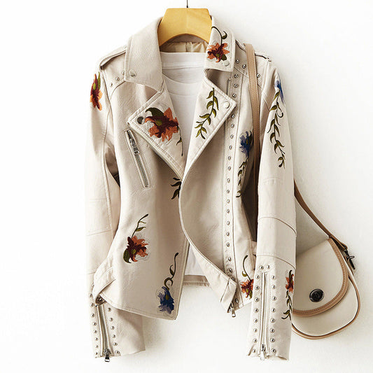 Floral Embroidered Fitted Leather Biker Jacket