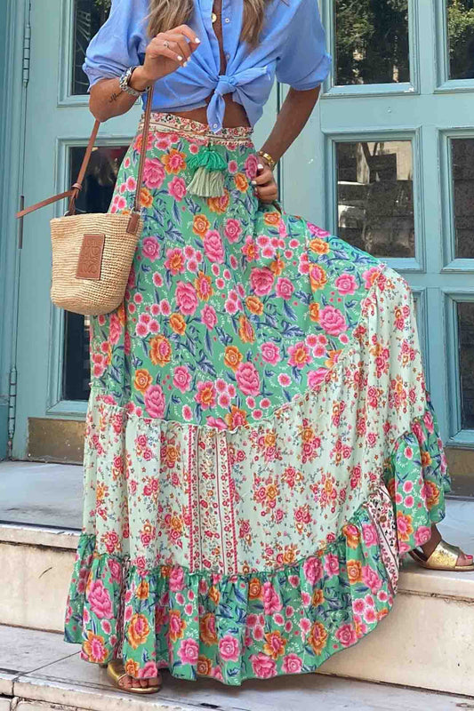 Floral Patchwork Ruffle Midi Skirt