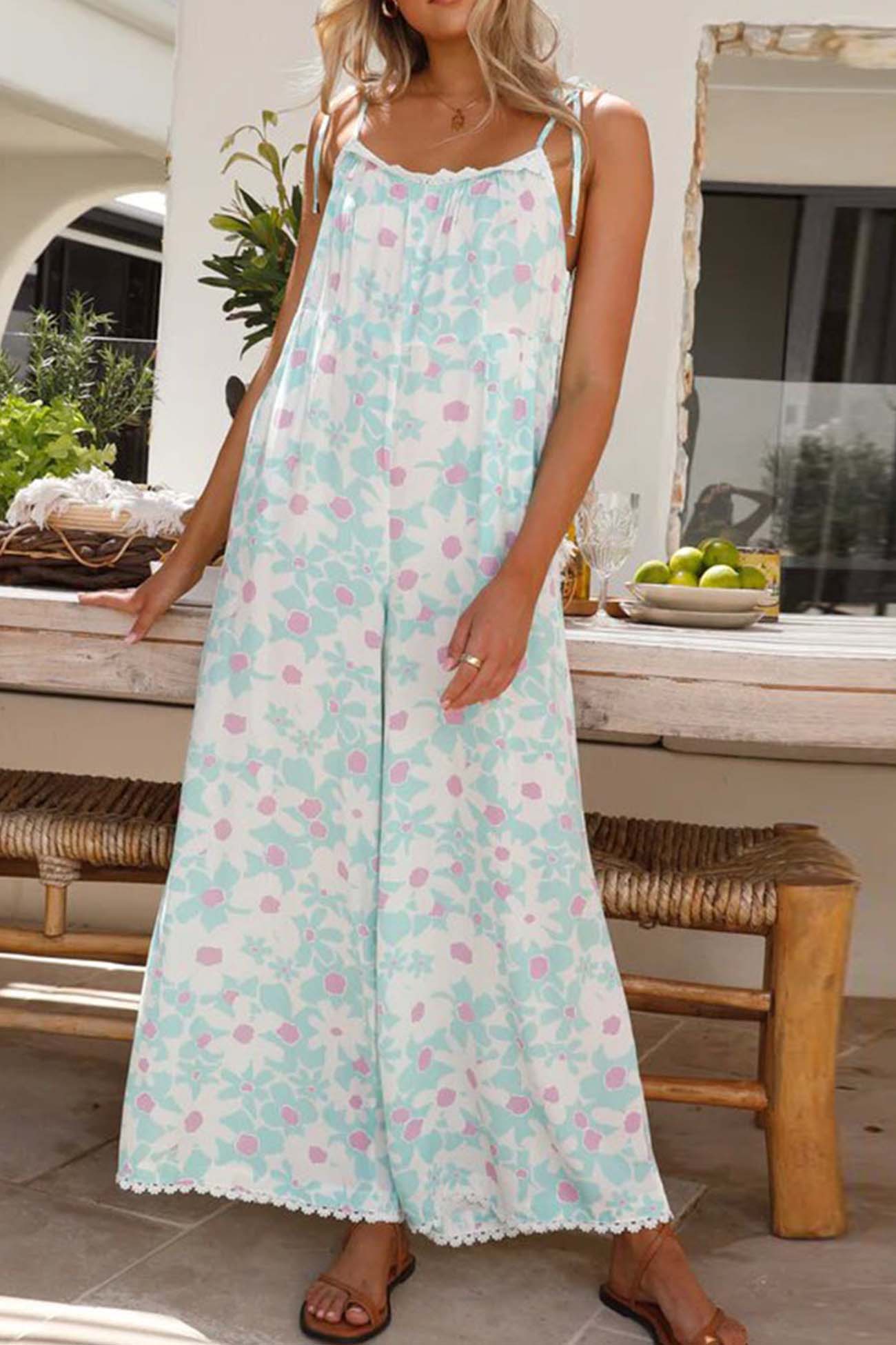 Women's Jumpsuit - Floral Printed Wide-Leg - Adjustable Tie Straps - Lace Trim Casual Wear
