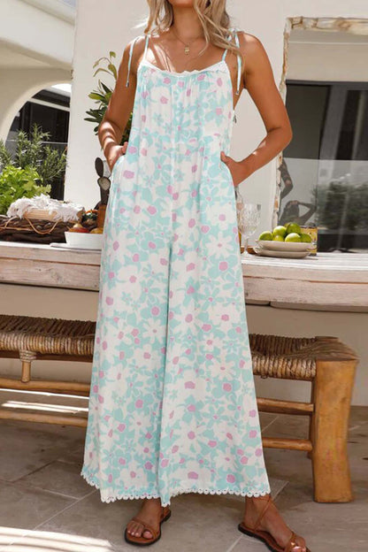Women's Jumpsuit - Floral Printed Wide-Leg - Adjustable Tie Straps - Lace Trim Casual Wear