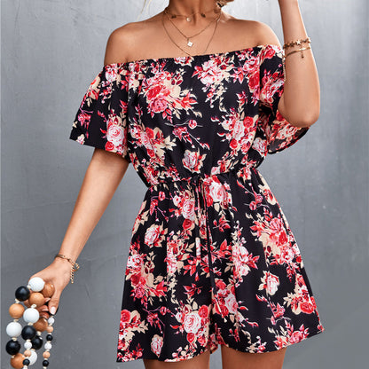 Women's Off-Shoulder Romper - Floral Print - Short Sleeve - Cinched Waist - Casual Fit