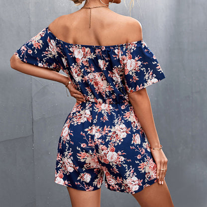 Women's Off-Shoulder Romper - Floral Print - Short Sleeve - Cinched Waist - Casual Fit