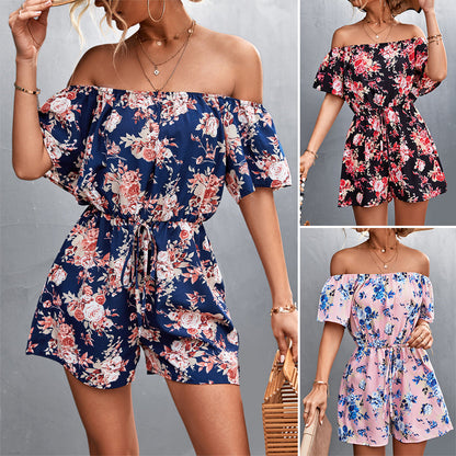 Women's Off-Shoulder Romper - Floral Print - Short Sleeve - Cinched Waist - Casual Fit