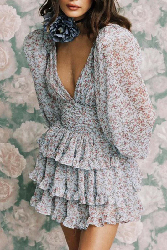 Flowy Floral Print Tiered V-Neck Dress