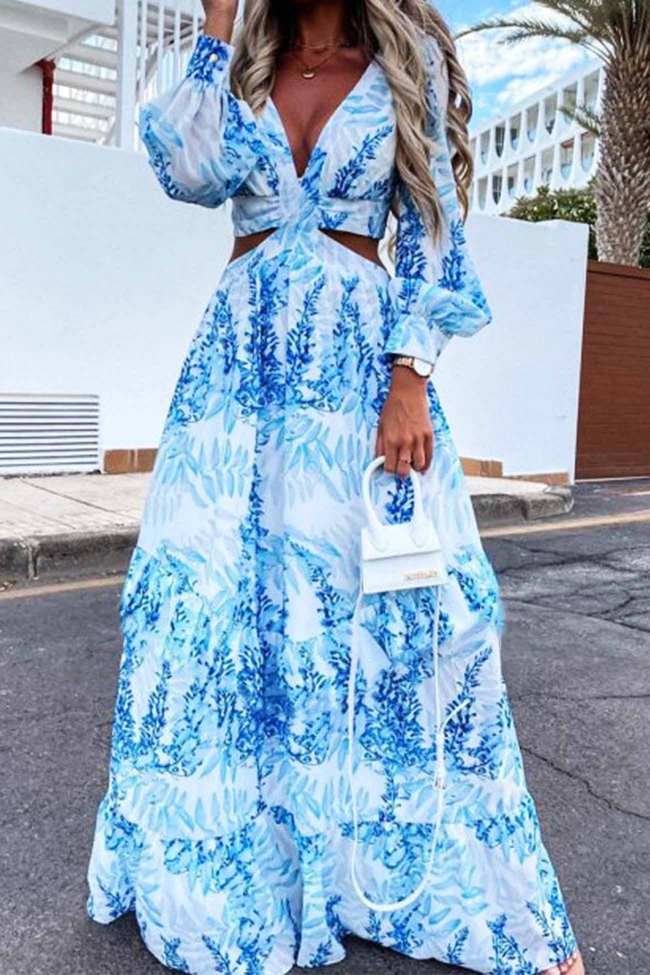 Women's Maxi Dress - V-Neck - Cutout Waist - Long Sleeve Flowy Elegant Design