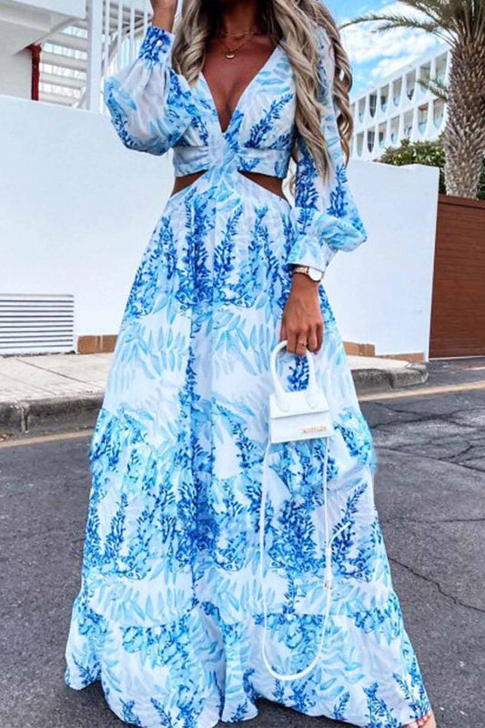 Cutout Waist Flowy V-Neck Maxi Dress
