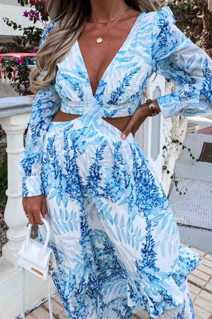 Women's Maxi Dress - V-Neck - Cutout Waist - Long Sleeve Flowy Elegant Design